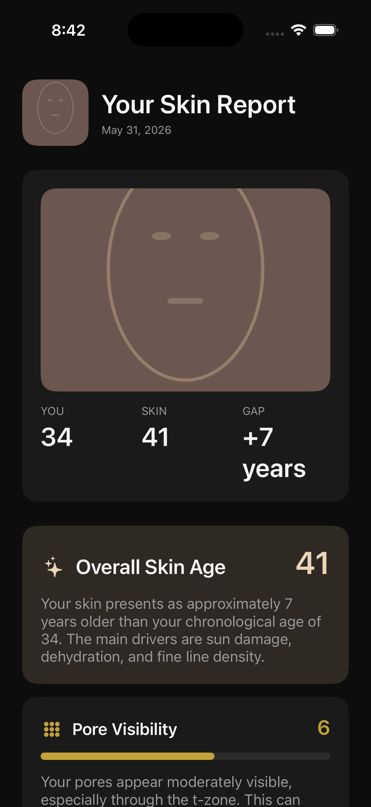Skin Age full report screen with marker breakdown