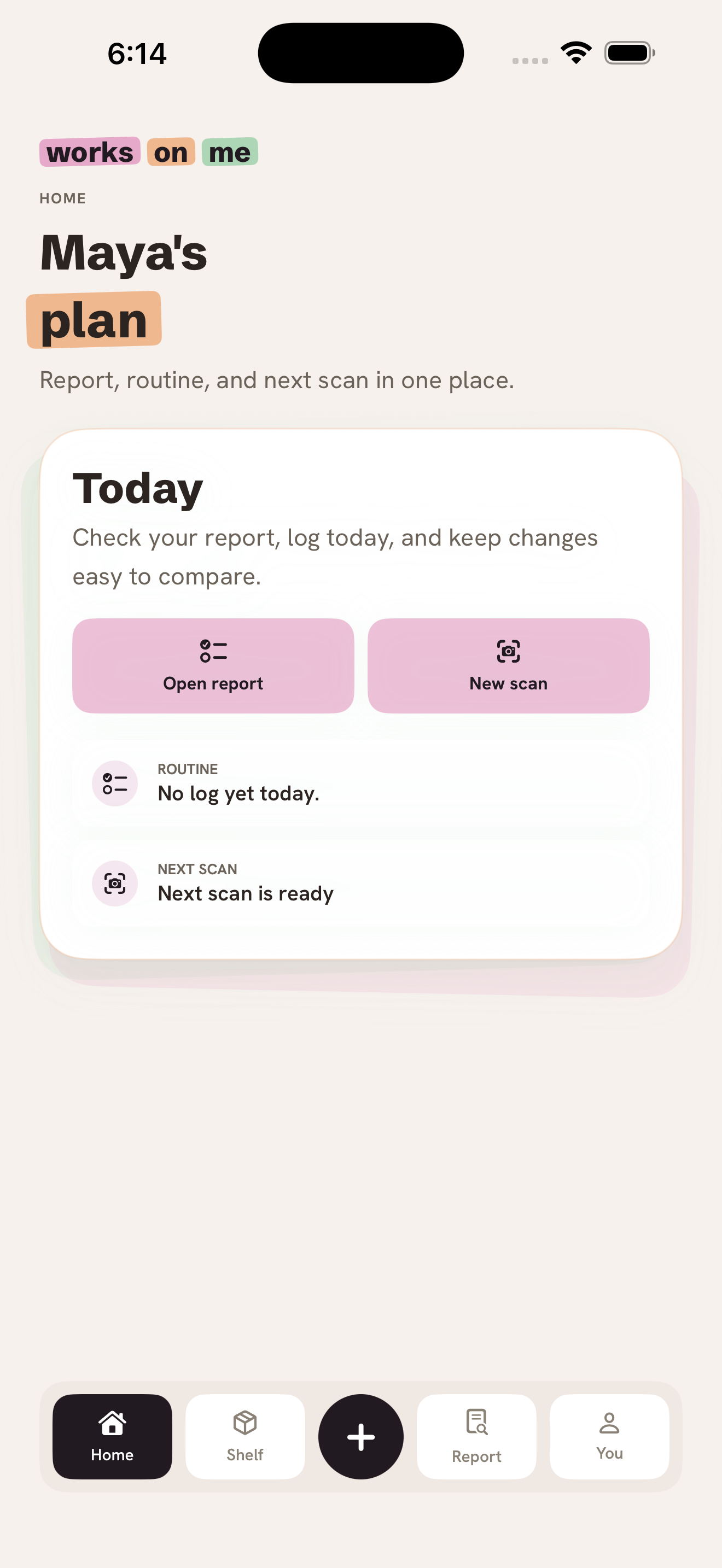 Works On Me home screen showing the daily routine log and next scan
