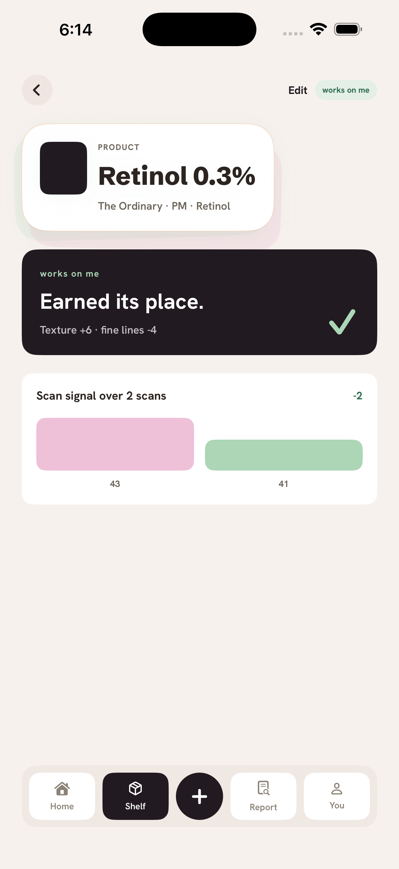 Works On Me product shelf screen with tracked product context